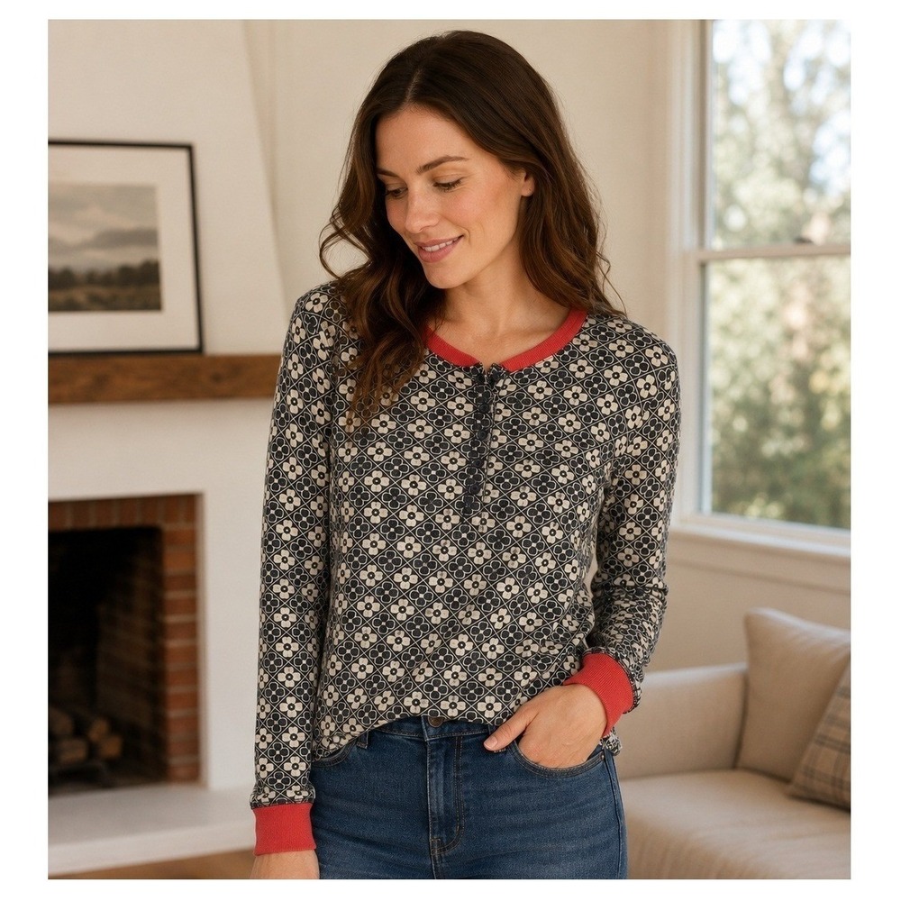 Marine Layer Geometric Henley Pullover Shirt Womens Small Navy Cream Top
